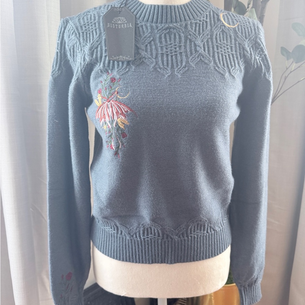 NWT Disturbia Slate Blue Embroidered Soft Crewneck Sweater Moth and Moon Small